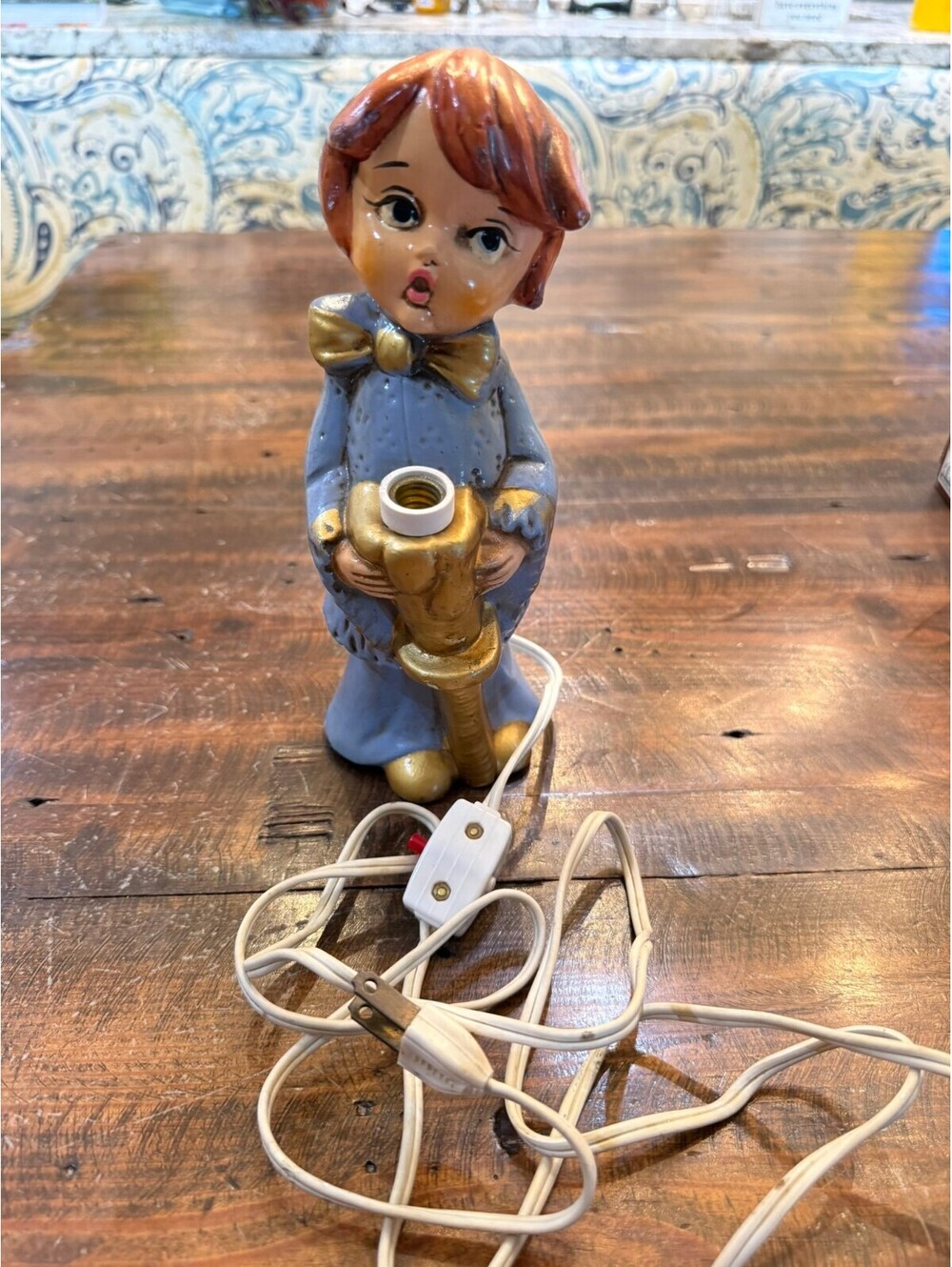 Mid-Century Ceramic Choir Boy Figurine Lamp with Light-Up Candle